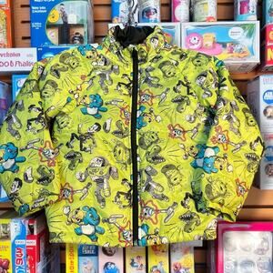 Toy Story 4 Kids Puffer Jacket 5/6 Full Zip Quilted Woody Buzz Rex Forky Yellow